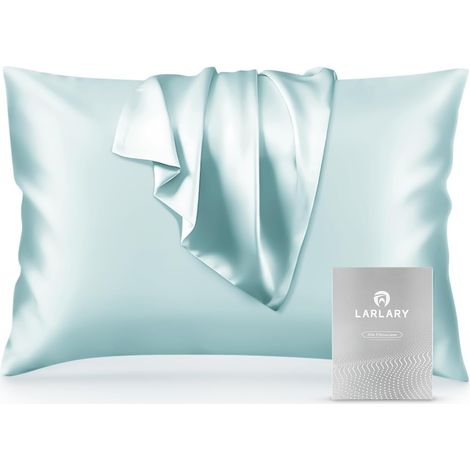 Taie d'oreiller en soie (50 x 75 cm), 90% soie, 10% coton, anti-acariens et hypoallergénique, protection des cheveux et de la peau (bleu) (1/5)