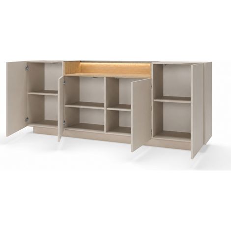 Madia Moderna In Melaminico Con 4 Ante 2 Ripiani Interni Vano A Giorno Effetto Legno E Illuminazione LED Integrata Per Soggiorno Zona Living 203 X 39.5 X 83 Cm Cashmere (1/5)