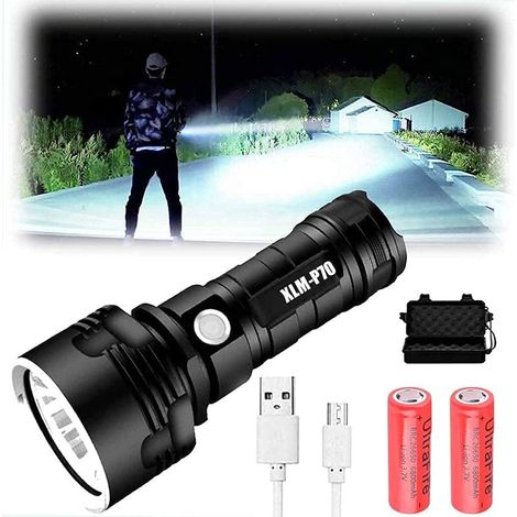 XLM-P70 Lampe Torche LED,30000-100000 Lumens Lampe de Poche Militaire Tactique Ultra Puissante Étanche Torche,Lampe Torche Rechargeable USB (50W-XLM-70, Double batterie), (P70/L2) (1/5)