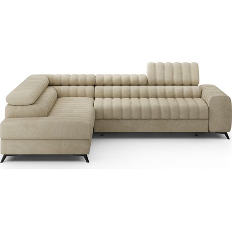 Canapé d’angle convertible KANDO en tissu texturé – 269cm angle gauche-Beige-angle gauche (1/5)