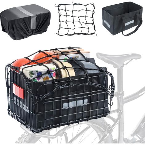 Panier arrière pliable pour vélo électrique et panier de vélo avec libération rapide, housse de pluie, filet de cargaison, sac de transport et bandes réfléchissantes, grand panier de porte-vélo (1/5)