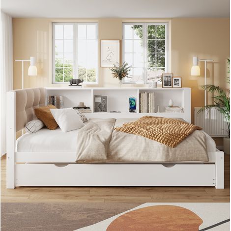 Bett Daybed modern aus Kiefer Weiß 90x200 cm mit Ausziehbett, Seitenregal, USB-Anschluss und dimmbarer LED-Leiste (1/5)