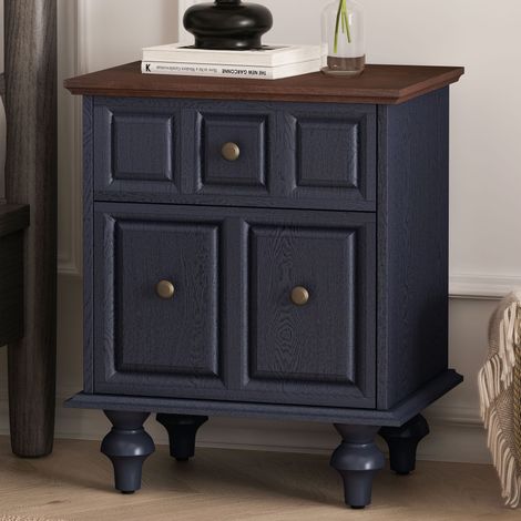 REDOM Table de chevet 52x40x60.5 cm Vintage 2 tiroirs MDF et bois Pieds colonne Bleu foncé (1/5)
