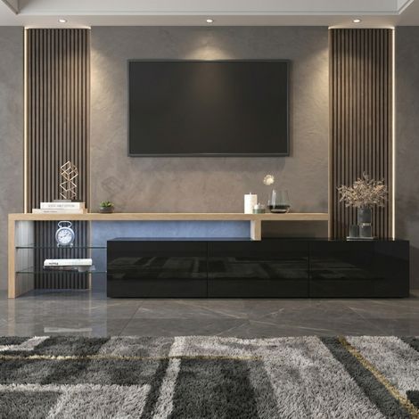 Meuble TV 200 cm avec LED, 3 Portes et Étagères en Verre, Moderne Meuble Banc Tele Bas, Meuble Télé pour Salon, Bois & Noir Brillant (1/5)