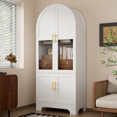 Vitrine Haute Arquée 76 x 180 cm avec LED, 4 Portes dont 2 en Verre Trempé, 1 Tiroir, MDF et Panneaux de Particules - Blanc (1/5)