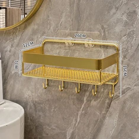 (Modèle 26 cm - 5 crochets) Étagère de rangement dorée pour salle de bain, support mural trépied pour shampoing et gel douche, accessoires de salle de bain (1/5)