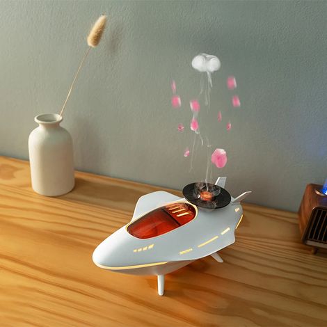 (Blanc) Diffuseur de parfum en forme de vaisseau spatial avec deux modes de pulvérisation et humidificateur d'air. (1/5)