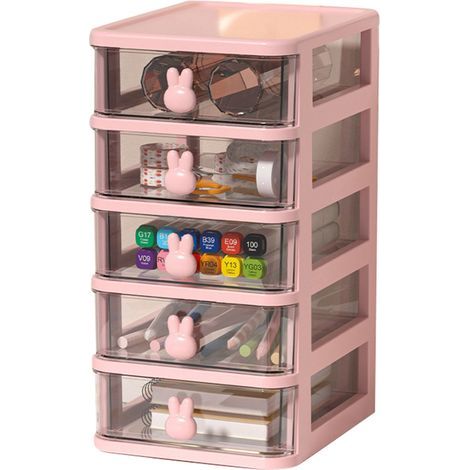 Boîte de Rangement de Bureau Multiniveau Transparente Grande Capacité avec Poignée Lapin, Organisateur de Tiroirs pour Livres Stylos Bureau Rose, 5 Niveaux (13.4x17x26cm) (1/5)