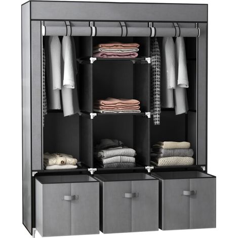 Armoire de Rangement en Tissu , Garde-Robe Pliante avec Étagères et Tiroirs, Portes à Enrouleur Fermeture Éclair, Dimensions 125x43x162.5cm, Gris Foncé (1/5)
