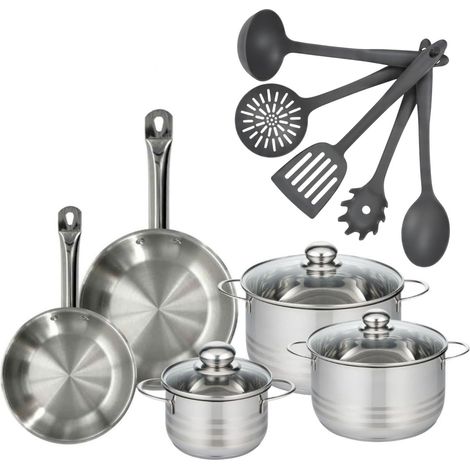 Set 2 poêles 20 et 24 cm en inox, 3 faitouts inox 16, 20 et 24 cm et 5 ustensiles Fackelmann Eterna (1/5)