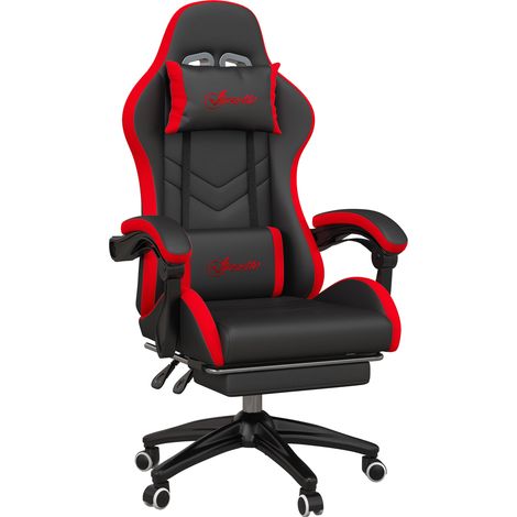 Vinsetto silla gaming ergonómica reclinable 135° de cuero PU con soporte lumbar, altura ajustable, reposacabezas y reposapiés retráctil, negro y rojo