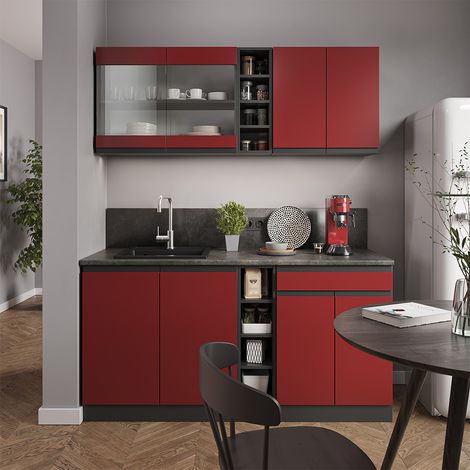 Singleküche R-Line, Rot/Anthrazit, 160 cm J-Shape, Vicco