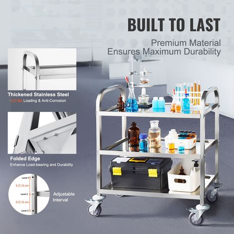 Chariot inox 3 niveaux, desserte laboratoire 181.4kg, chariot médical roues pivotantes freinables, pour labo, clinique, cuisine, salon (1/5)