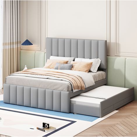 Bett klassisch gepolstert grau 140x200 cm mit verstellbarem Kopfteil, Ausziehbett 90x190 und 3 Schubladen (1/5)