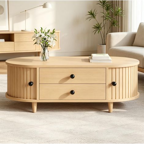 Table basse 100x50x36 cm coloris bois naturel en MDF avec portes tambour, 2 tiroirs et pieds en bois massif (1/5)