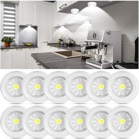 Set mit 12 kabellosen LED-Strahlern, Unterbauleuchten, tragbare Touch-Leuchten mit 70 Lumen, batteriebetrieben und selbstklebend, für Küche, Schränke, Garage, Schlafzimmer und mehr (1/5)