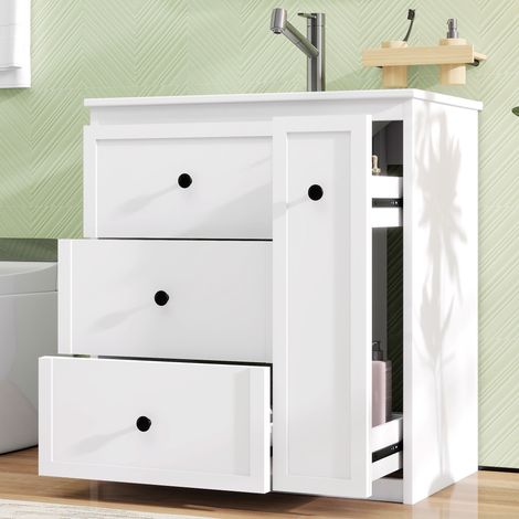 Meuble de Salle de Bain 76 cm Blanc avec Vasque Céramique - Peinture Écologique, Tiroirs Silencieux et Rangement Spacieux - Design moderne (1/5)