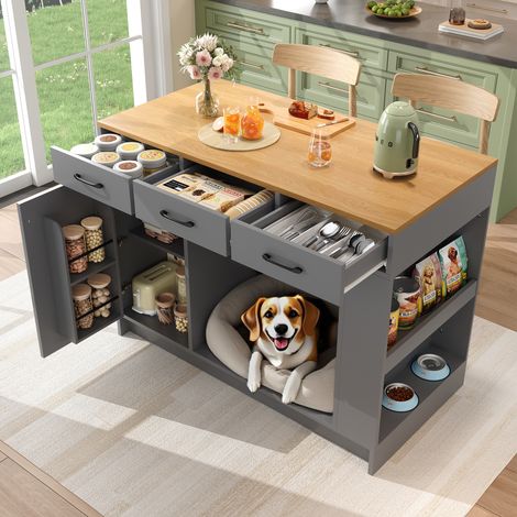 Meuble de cuisine îlot 120x60x90 cm avec 3 tiroirs, étagère réglable, gris et bois DESVIAE (1/5)