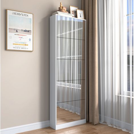 Schuhschrank mit Ganzkörperspiegel 185 cm weiß MDF OKMYHOME (1/5)