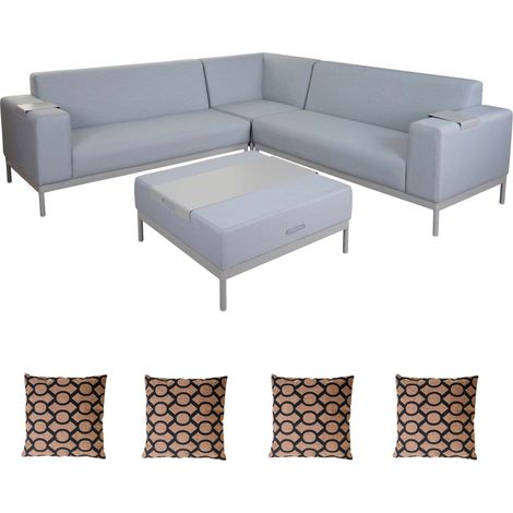 [NEUWERTIG] Alu-Garten-Garnitur HHG-495, Sofa, Outdoor Stoff/Textil blau mit Ablage, Kissen braun (1/5)