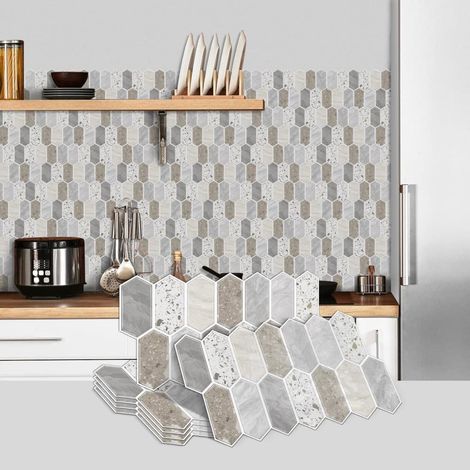 Stickers muraux autocollants (24 pièces) en PVC imperméable, imitation carrelage, compatibles avec cuisine et salle de bain, 15 x 30 cm, beige. (1/5)