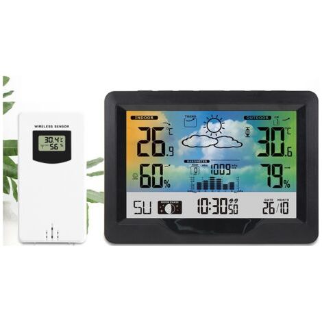 Station Météo Couleur Station Météo Intérieure Extérieure sans Fil avec Capteur,Thermomètre Hygromètre Moniteur Température Humidité-Noir (1/5)