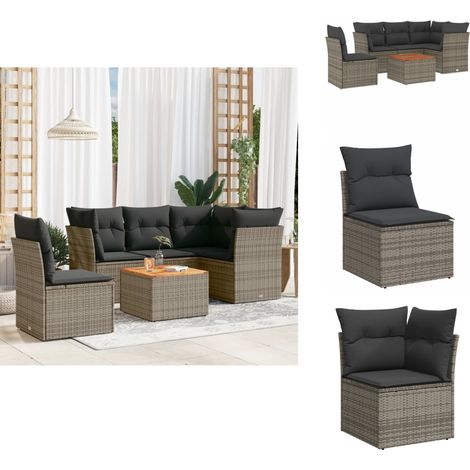 6-tlg. Garten-Sofagarnitur mit Kissen Grau Poly Rattan - Gartenmöbel Set - PE-Rattan Möbel - Outdoor Sofa - Esstisch - Lounge Set (1/5)
