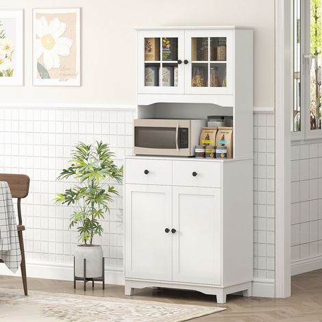 Meuble de cuisine indépendant avec plan de travail pour micro-ondes, machine à café, placards, portes vitrées, blanc