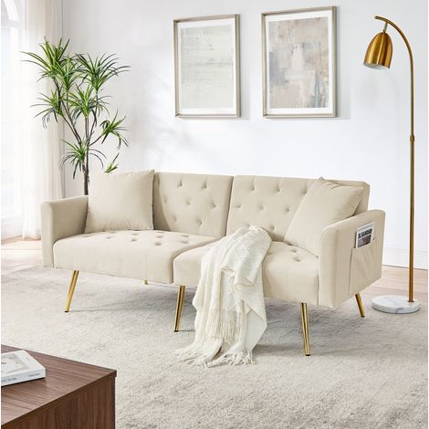 2-Sitzer Sofa beige aus Samt mit 3-fach verstellbarer Rückenlehne, Metallbeinen und 2 Kissen (1/5)
