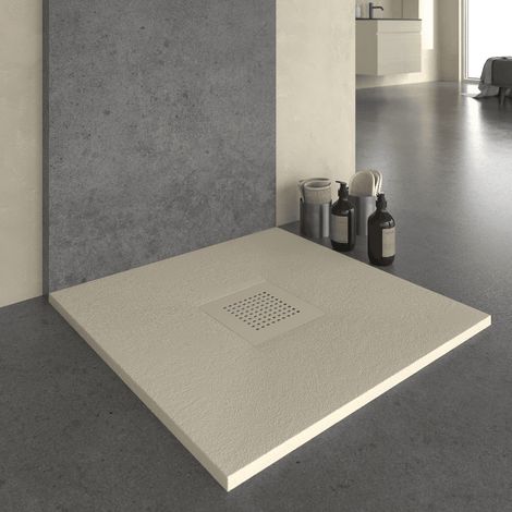 Mineralguss-Duschwanne extra flach SLATE Schieferoptik Beige 90x90 cm Auslaufschutz in Farbe (1/4)