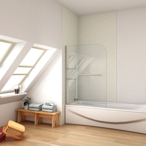 Mampara de bañera plegable con bisagra 2 hojas sin marco exterior, un toallero dos estantes, 5mm cristal templado, aluminio cromado, 140x110cm (1/4)