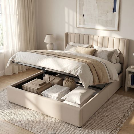 Lit coffre 160x200 cm avec sommier, lit double relevable hydraulique, tête de lit rembourrée, tissu lin beige (1/5)
