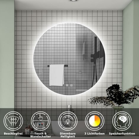 LED Rund Badspiegel drei Lichtfarbe dimmbar Speicherfunktion Touch/Wandschalter Beschlagfrei Runder Spiegel automatische Abschaltung 70cm (1/5)