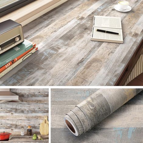Papier Peint Bois Rustique Papier Peint Adhesif Mural Cuisine Salle de Bain Effet Bois Marron Bleu Clair Papier Adhesif pour Meuble Porte Bureau Revêtement Plan de Travail Adhésif 40CMx2M (1/5)