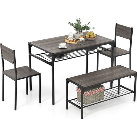 Set da pranzo 4 pezzi con telaio in metallo ripiano portaoggetti, Tavolo da pranzo con 2 sedie panca per 4 persone Grigio scuro (1/5)