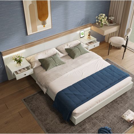 lit adulte lit double USB 160x200 bois blanc chene OKMYHOME (1/5)