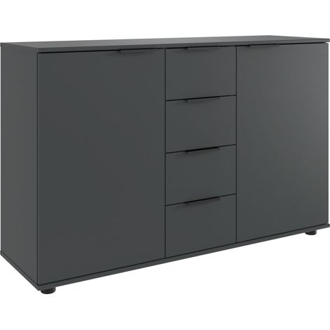 Commode, meuble de rangement avec 2 portes et 4 tiroirs coloris graphite, noir - Longueur 130 x Hauteur 83 x Profondeur 41cm (1/2)