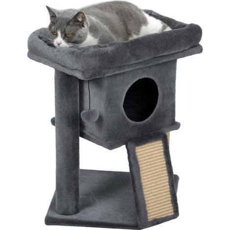 Arbre à chat gris foncé 40x40x57 cm pour petits chats avec rampe à griffer, niche et balle suspendue, accessoire design sobre pour intérieur pratique et compact