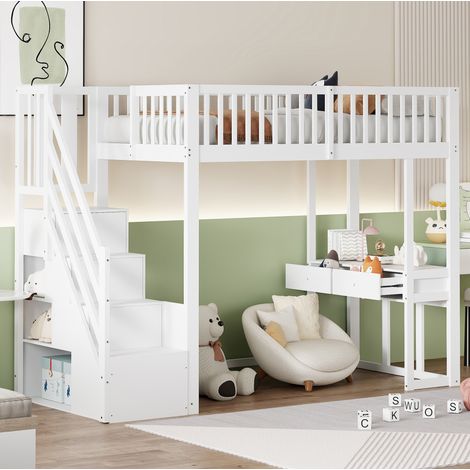 lit chambre enfant rangement bureau 90x200 bois blanc OKMYHOME (1/5)