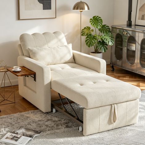 JOOKGBD-Poltrona Letto 3 in 1,Divano Letto Singolo con Schienale Regolabile,Poltrona Convertibile con Tavolo e Portabicchieri,per Piccolo Appartamento,Tessuto Chenille,Beige