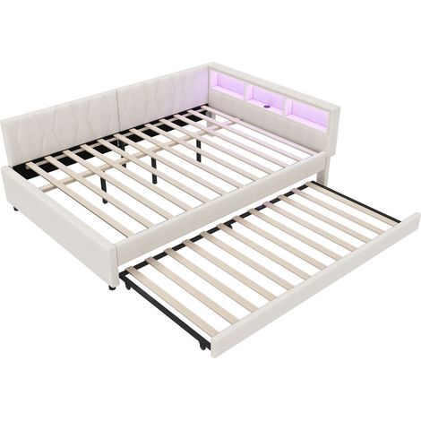 CAIziLit de jour 140x200cm, lit de repos, canapé-lit, compartiment de rangement au lit, USB + Type C, avec bande lumineuse LED, lit gigogne avec sommier à lattes (sans matelas), lin, beige (1/5)