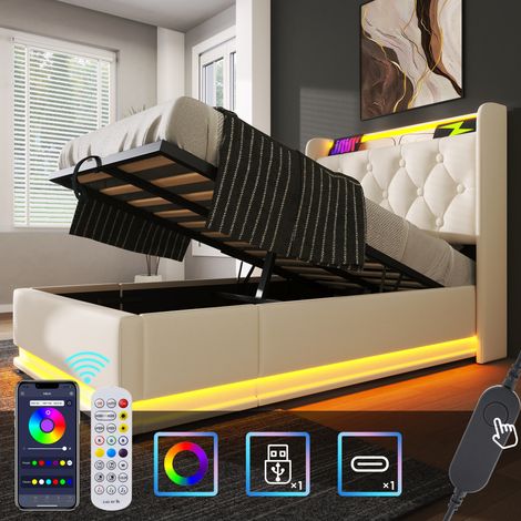 Polsterbett Einzelbett 90 x 200 cm mit 360° LED-Beleuchtung, App-/Fernbedienung, hydraulisches Stauraumbett aus PU, gepolstertes Kopfteil mit USB Typ-C, Weiß, ohne Matratze