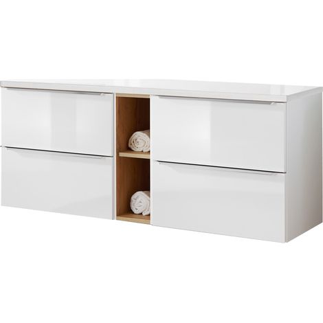 Waschtisch 141cm mit 4 Auszügen TOSKANA-56 in Hochglanz weiß B/H/T ca. 141/59,5/46 cm (1/5)