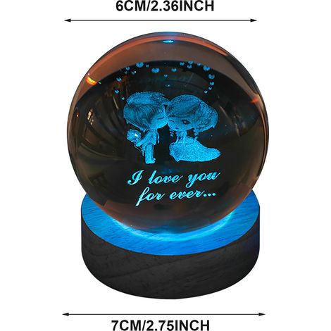 Veilleuse décorative boule cristal 6cm sur socle bois massif 7cm LED multicolore USB design romantique lumineux (1/5)