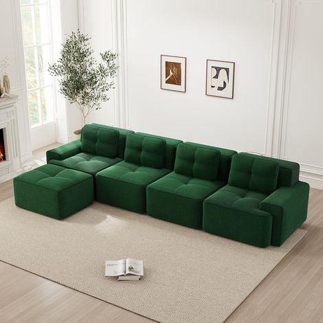 Canapé modulable en L avec méridienne, velours côtelé vert, 4 places profond et moelleux, sans structure ni montage, antidérapant pour salon, assise confortable style nuage SF20250050026 (1/5)