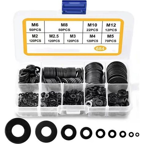 684 Pcs Rondelles Plates,M2 M2.5 M3 M4 M5 M6 M8 M10 M12 Rondelles Noires pour Gonds de Porte, Rondelles de Blocage Plates Métal, Rondelles Joint Plomberie Assortiment Kit (1/5)