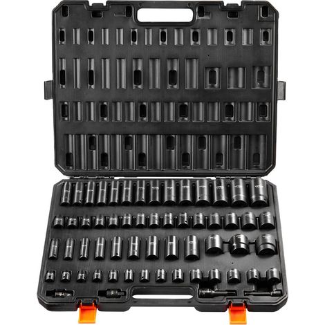 Coffret de douilles à impact 3/8" et 1/2", 59 pièces, tailles SAE 5/16" à 1-1/4" et métriques 6-32 mm, 6 pans, acier allié Cr-Mo, pour la réparation automobile, marquages faciles à lire, construction (1/5)