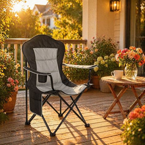 Silla de camping plegable con portavasos y bolsillo lateral, tejido Oxford 600D, negra (1/5)