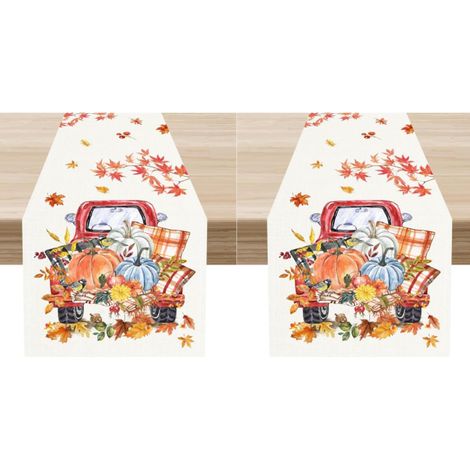 Camino de mesa otoñal, motivo campestre, calabazas, hojas y camión rojo, decoración rústica para mesa de centro, 33 x 183 cm (2 piezas) (1/5)