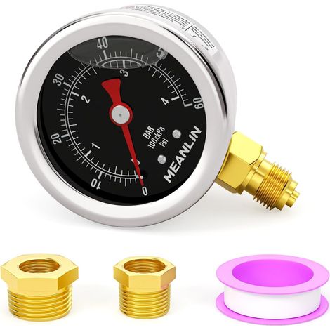 04Bar/060Psi 1/8" BSP 1.5" Stainless Steel Pressure Gauge, Glycerin Filled Liquid, Bottom Mount (Black) with 1/4" BSP Hex Socket and 3/8" BSP (1/5)
